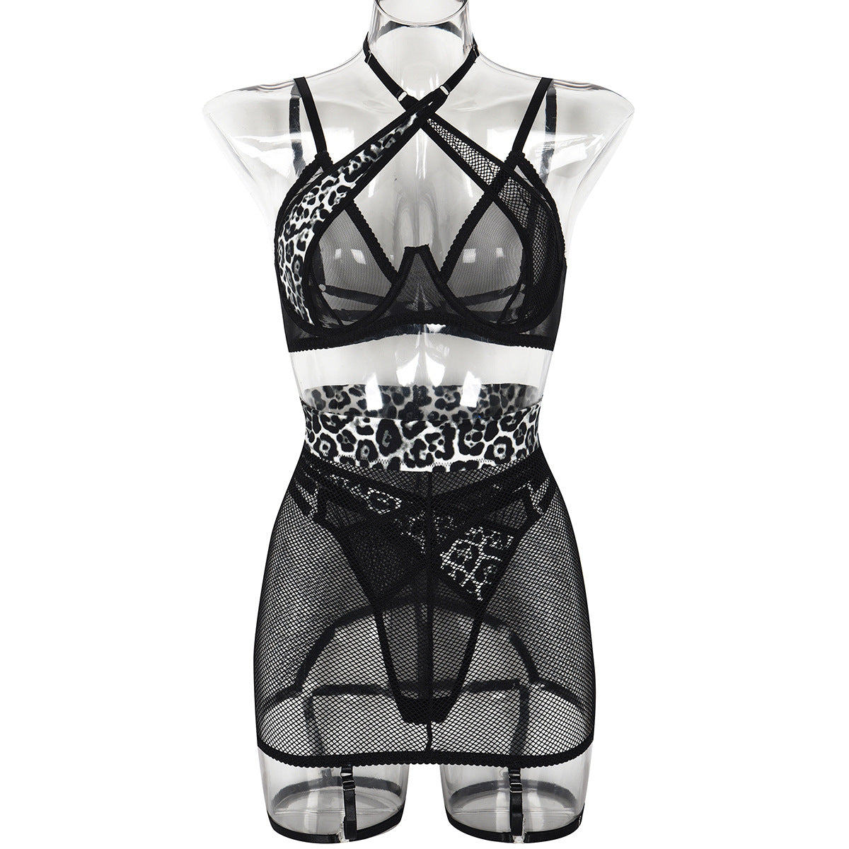 Leopard Patchwork Mesh Lingerie Set (3pcs)