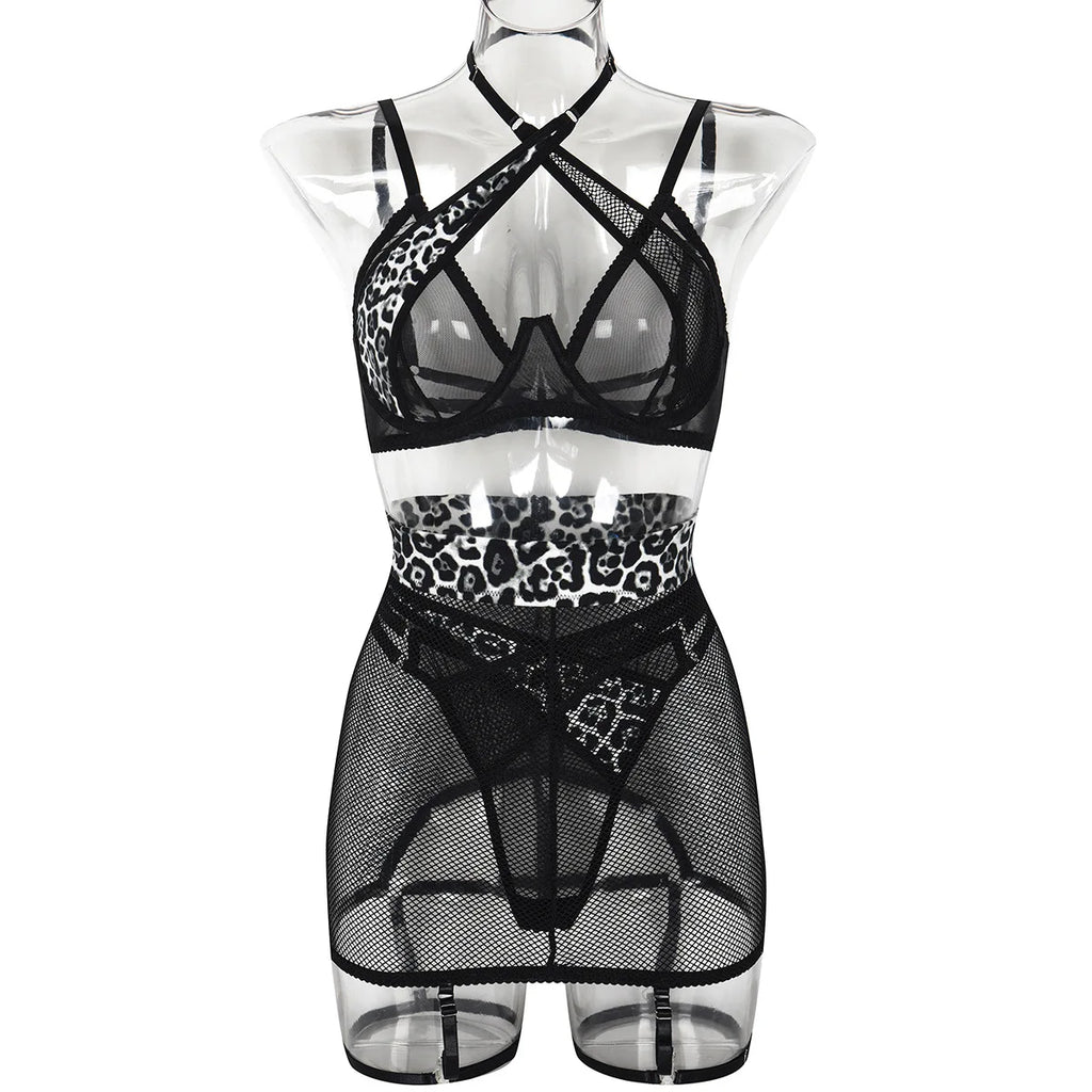 Leopard Patchwork Mesh Lingerie Set (3pcs)