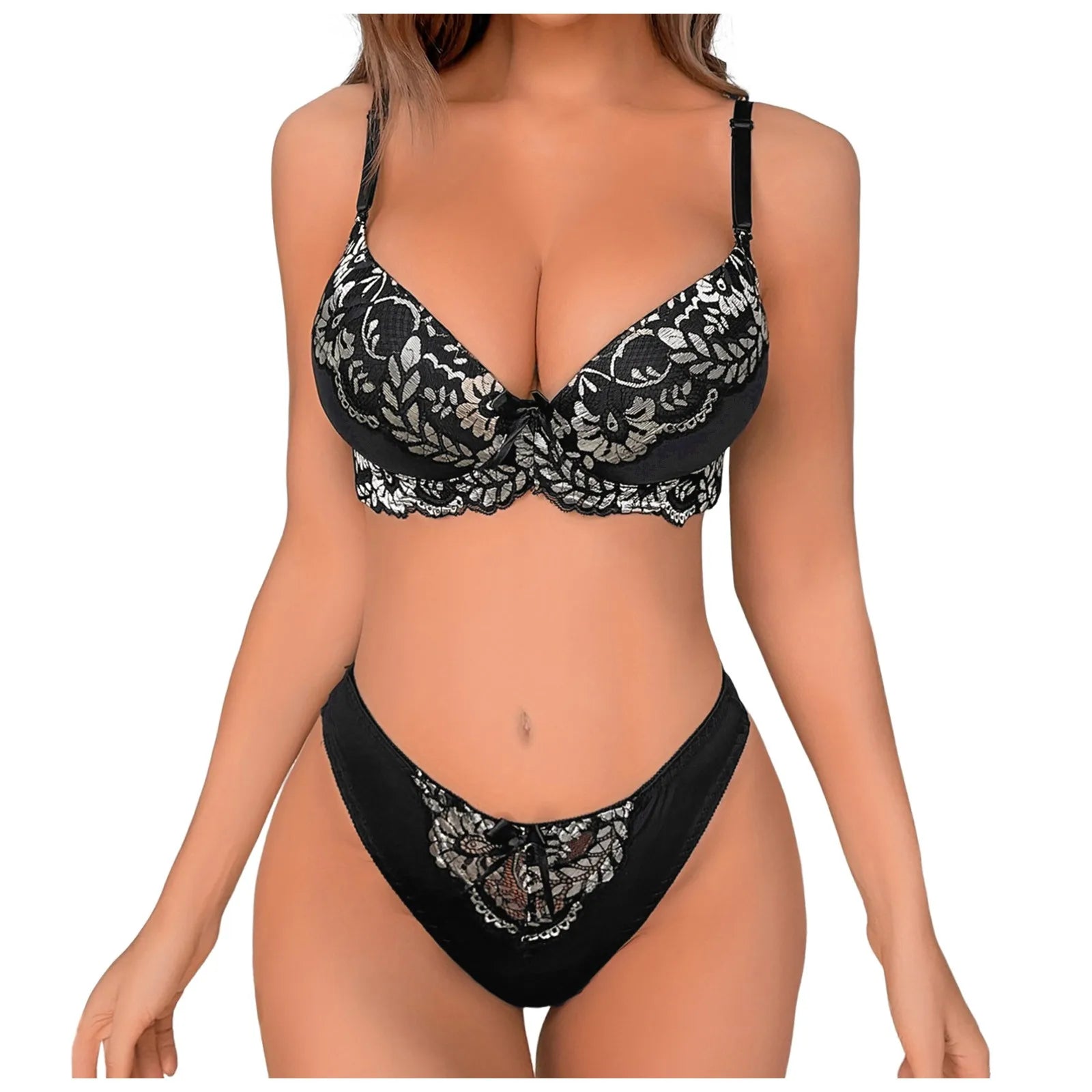 Floral Embroidery Push Up Bra & Thong Set