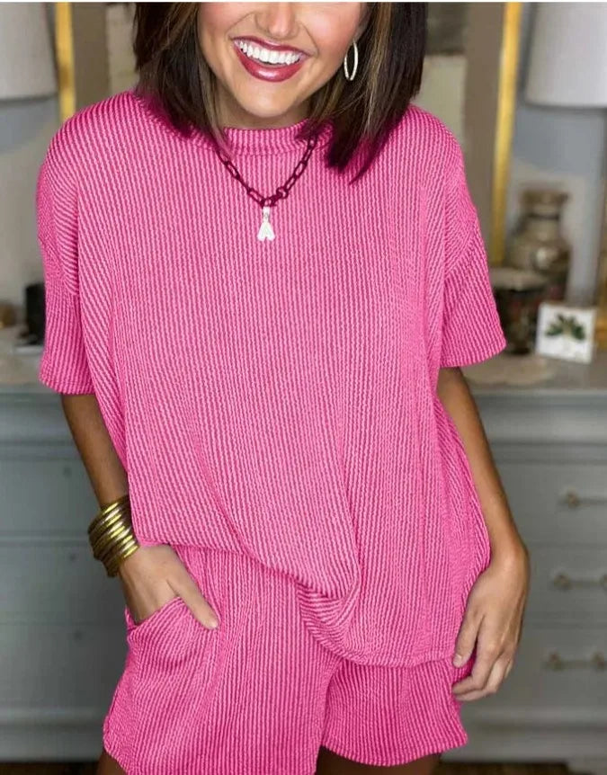 Summer 2-Piece Set – Solid O-Neck Short Sleeve T-Shirt & Loose Casual Shorts