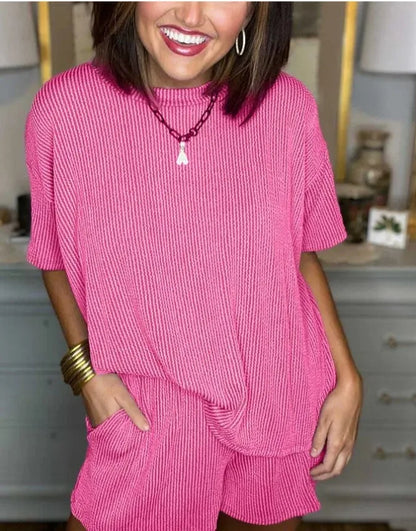 Summer 2-Piece Set – Solid O-Neck Short Sleeve T-Shirt & Loose Casual Shorts