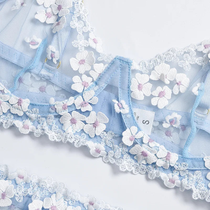 Floral Lace Transparent Bra & Thong Lingerie Set (3pcs)