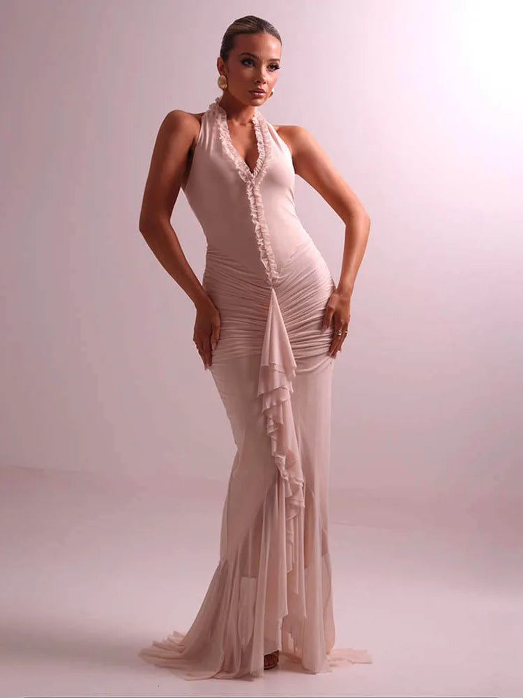 Mesh Pleated Evening Split Maxi Dress Ruffled Sexy Halter Deep V Neck Backless Slim Bodycon Long Dress Elegant Partywear