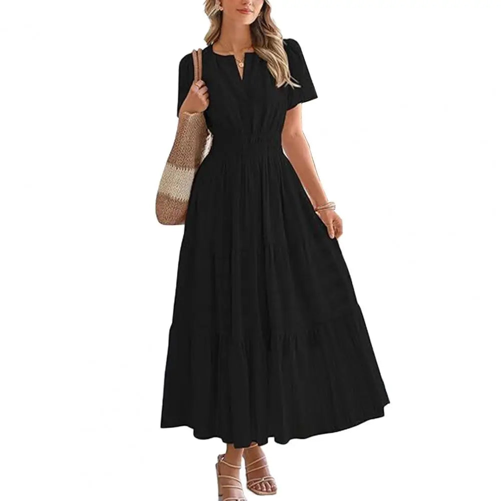 Celebration Party Outfit Elegant V-neck Maxi Dress with Smocked Waist Tiered Flowy Design for Women Summer Pleated Long Dress