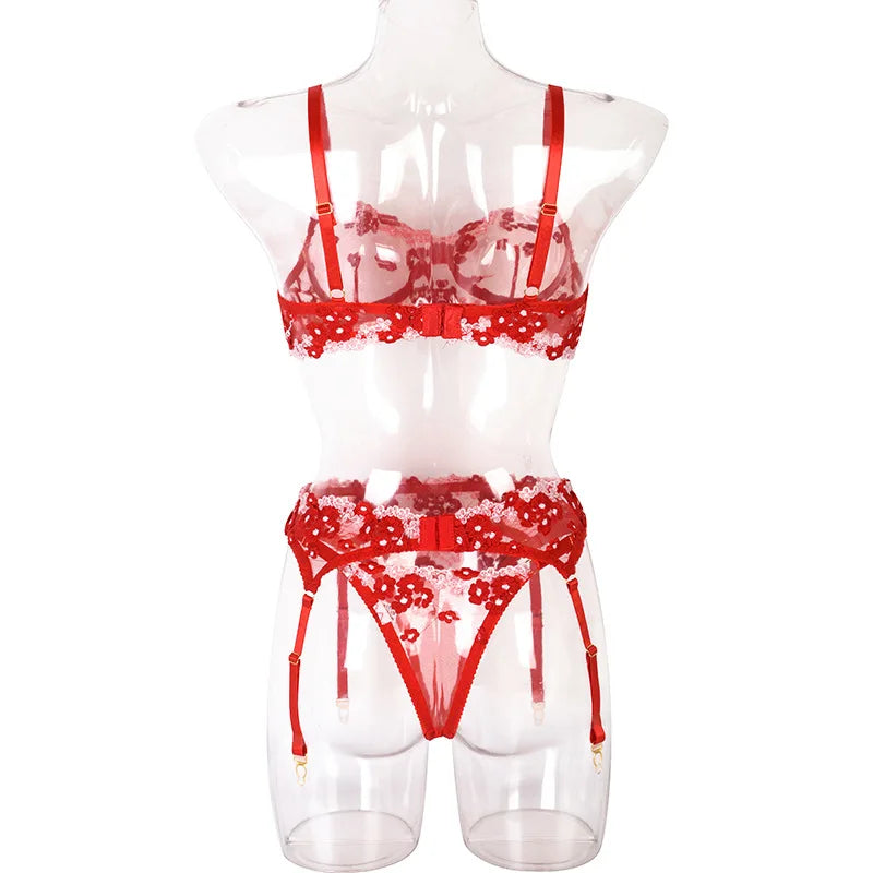 Floral Lace Transparent Bra & Thong Lingerie Set (3pcs)