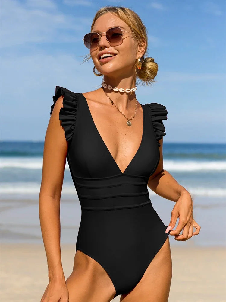 Red Deep V Backless High-Cut One-Piece Swimsuit