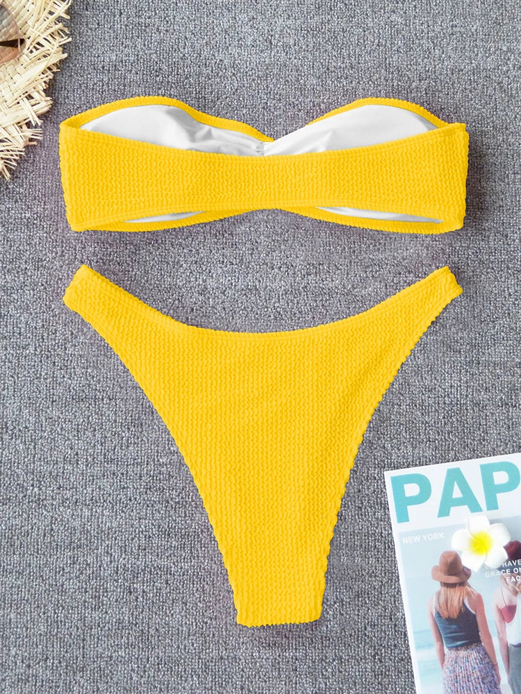 Sexy Textured Bikini 2025 Bandeau Swimsuit Women Swimwear Push Up Bikini Set Solid Bathing Suit Beach Wear Biquini Female