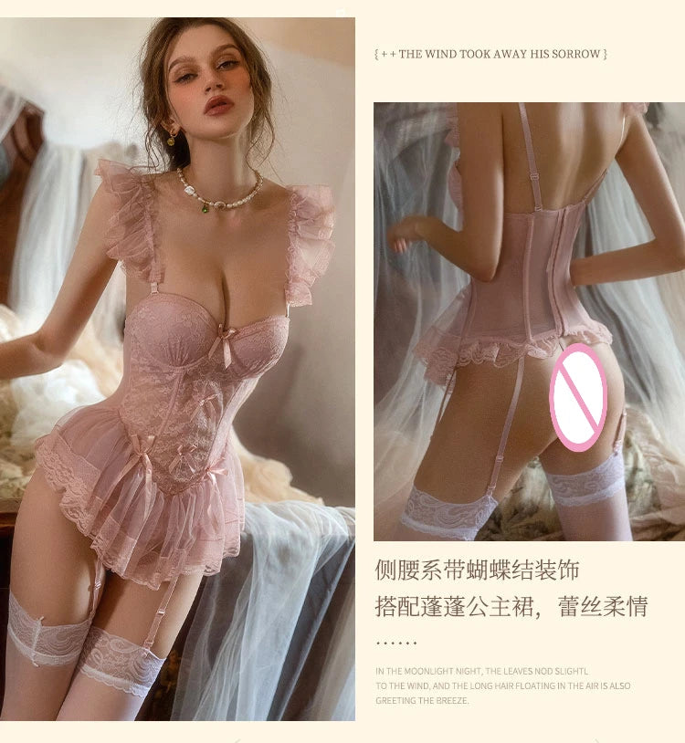 Pink French Lace Corset Bra & Thong Lingerie Set