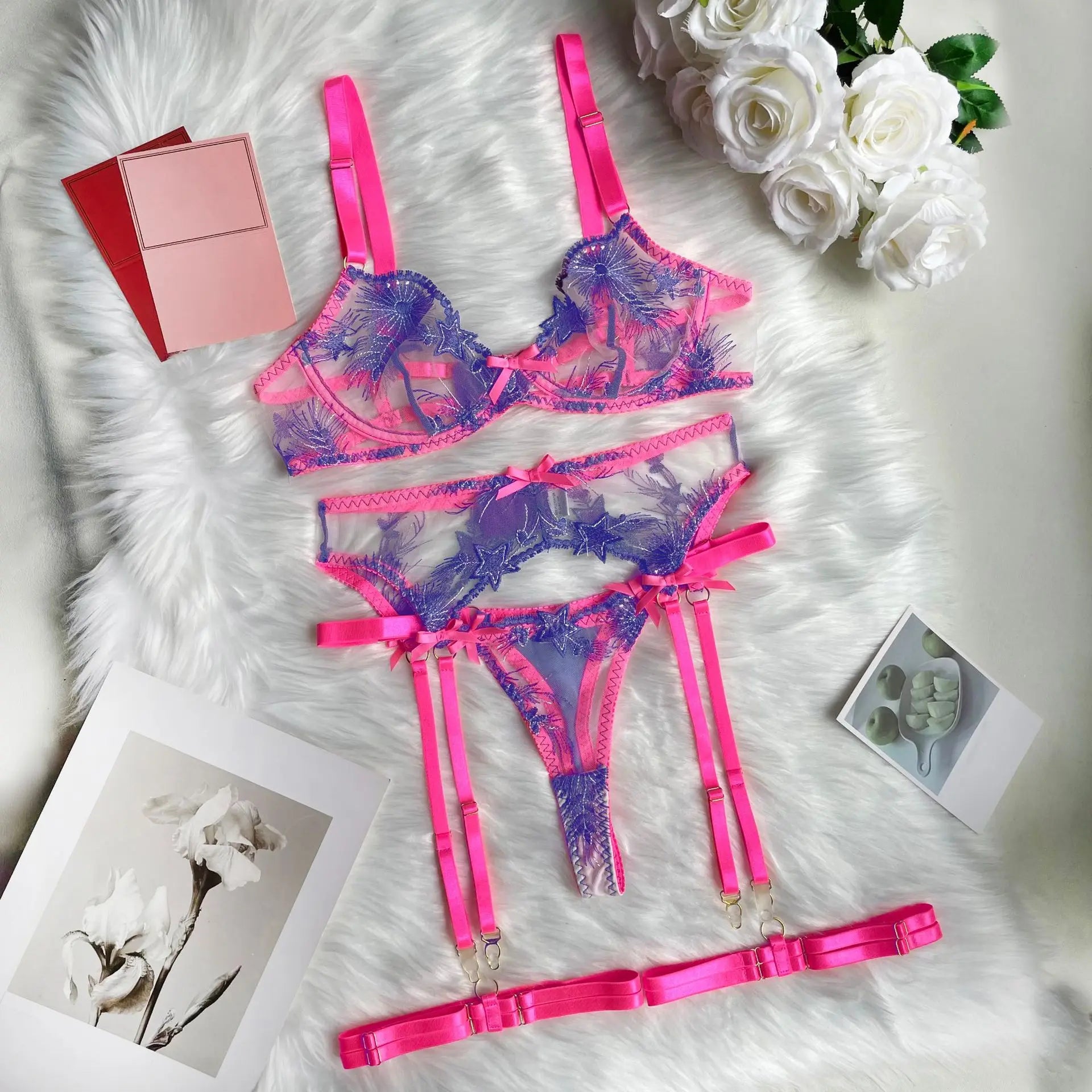 Pink Sheer Lace Floral Embroidery Lingerie Set