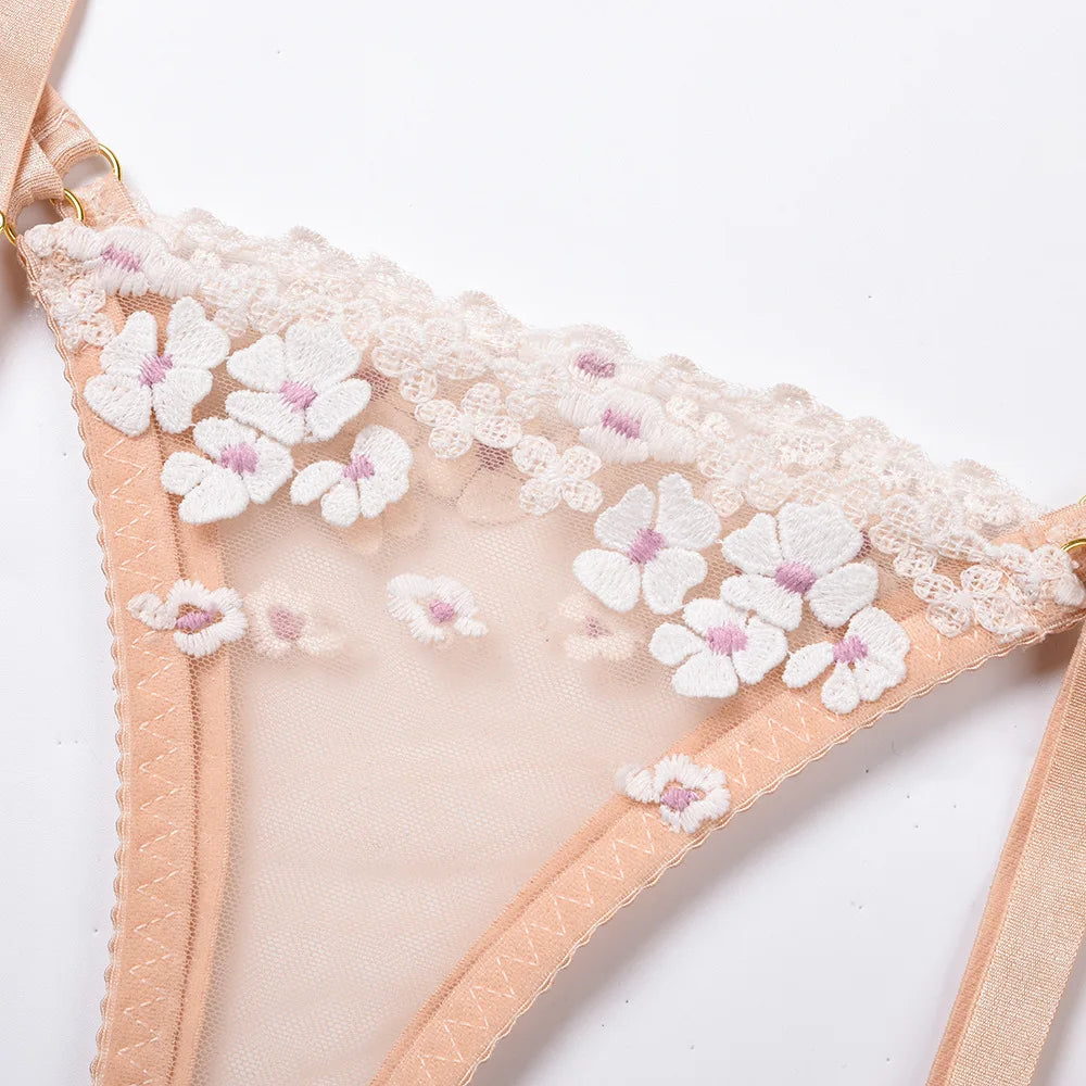 Floral Lace Transparent Bra & Thong Lingerie Set (3pcs)