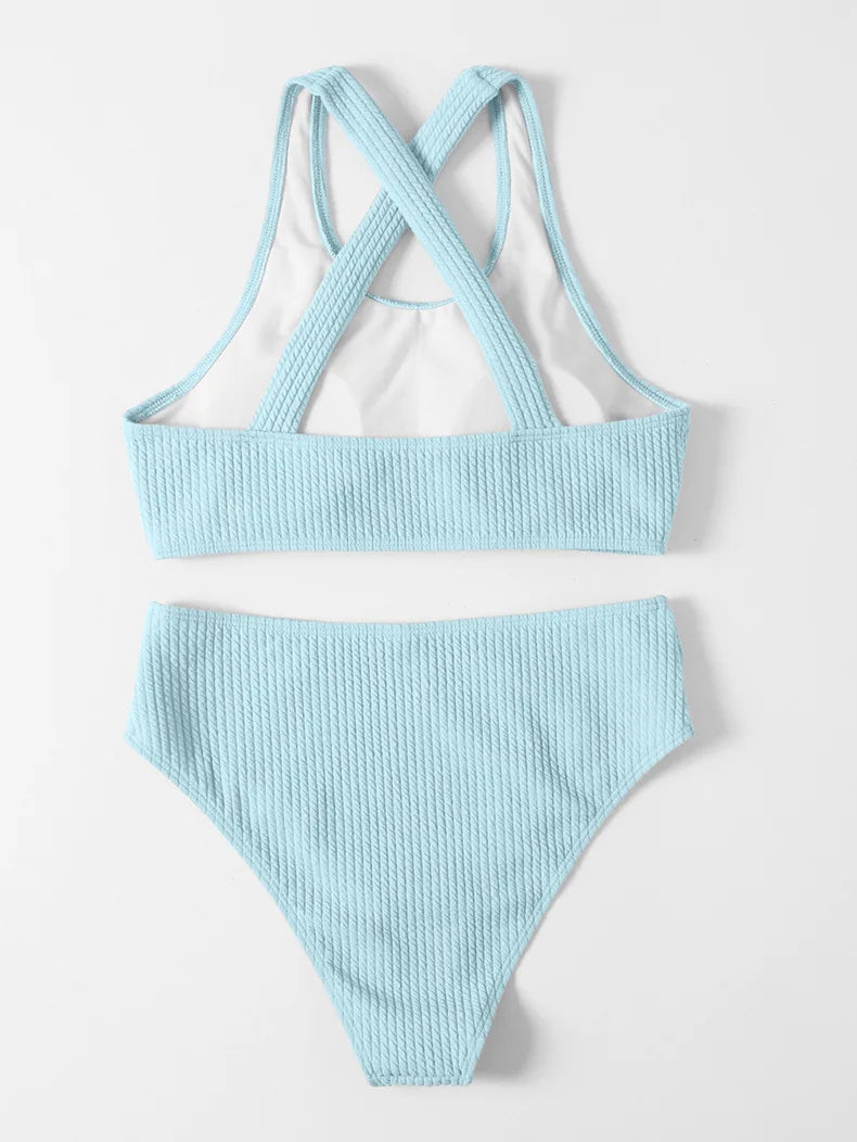 Sexy Bikini High Waist Women Swimsuit 2024 New Solid Ribbed Swimwear Push Up Bikinis Set Summer Beachwear Bathing Suit Female