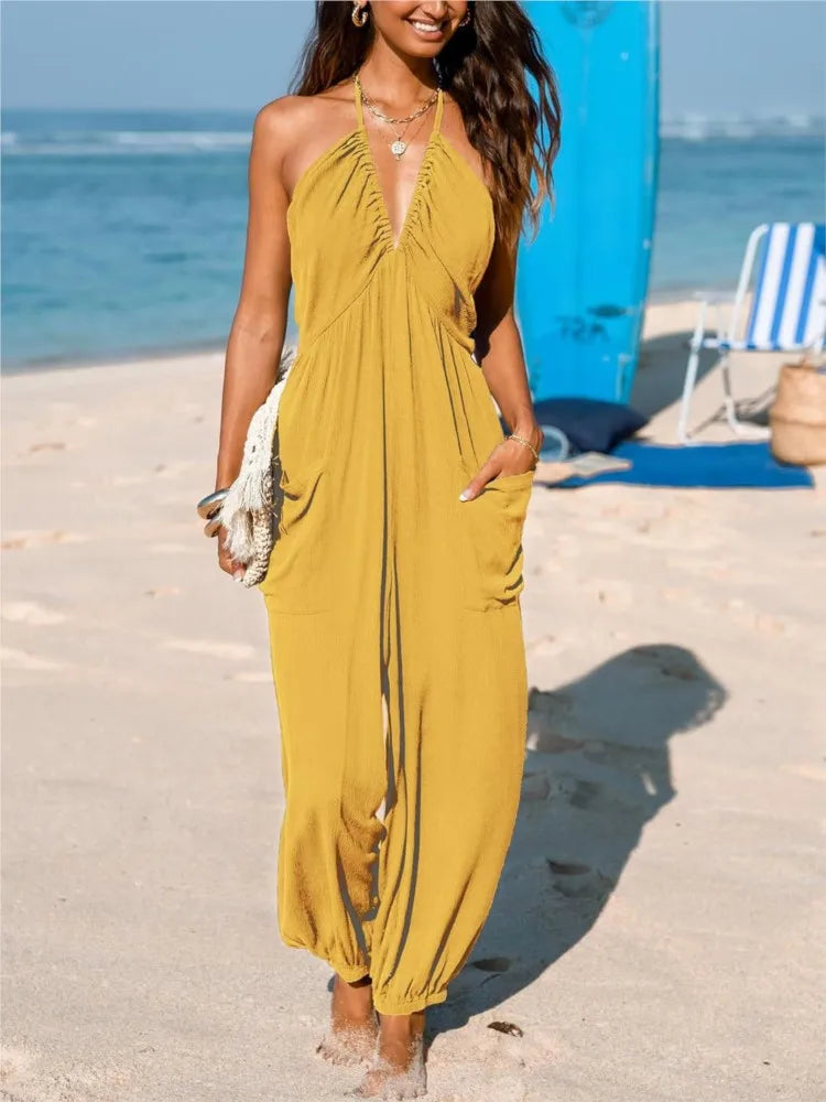 Sexy Deep V-neck Pleated Women Jumpsuit 2025 New Spring Summer Fashion Solid Color Pocket Halter Neck Backless Foot Binding Suit