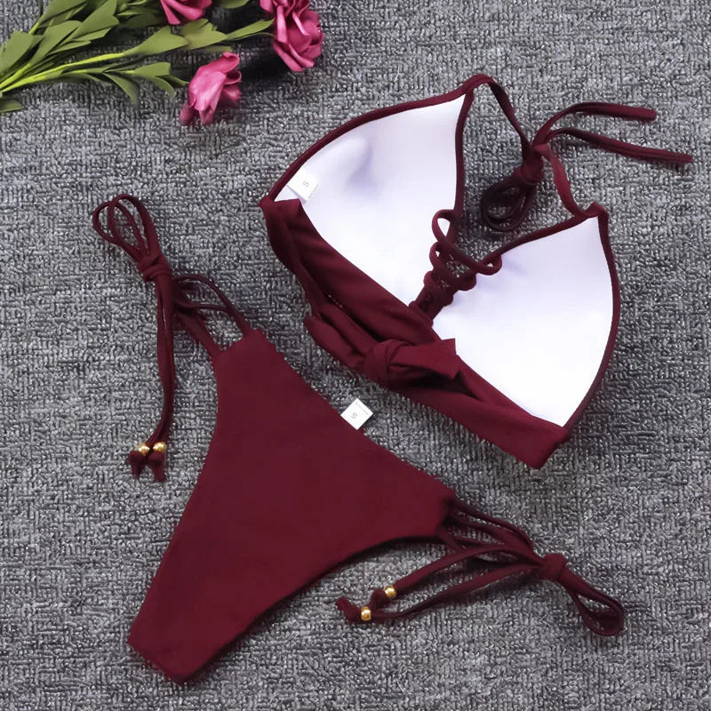 Sexy women bikini set solid color swimwear push up padded bra swimsuit sporty beachwear strap split bathing suit summer vacation