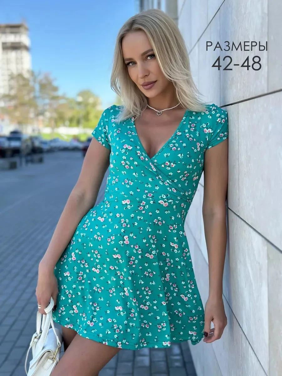 Boho Floral - V Neck Short Sleeve Mini Dresses