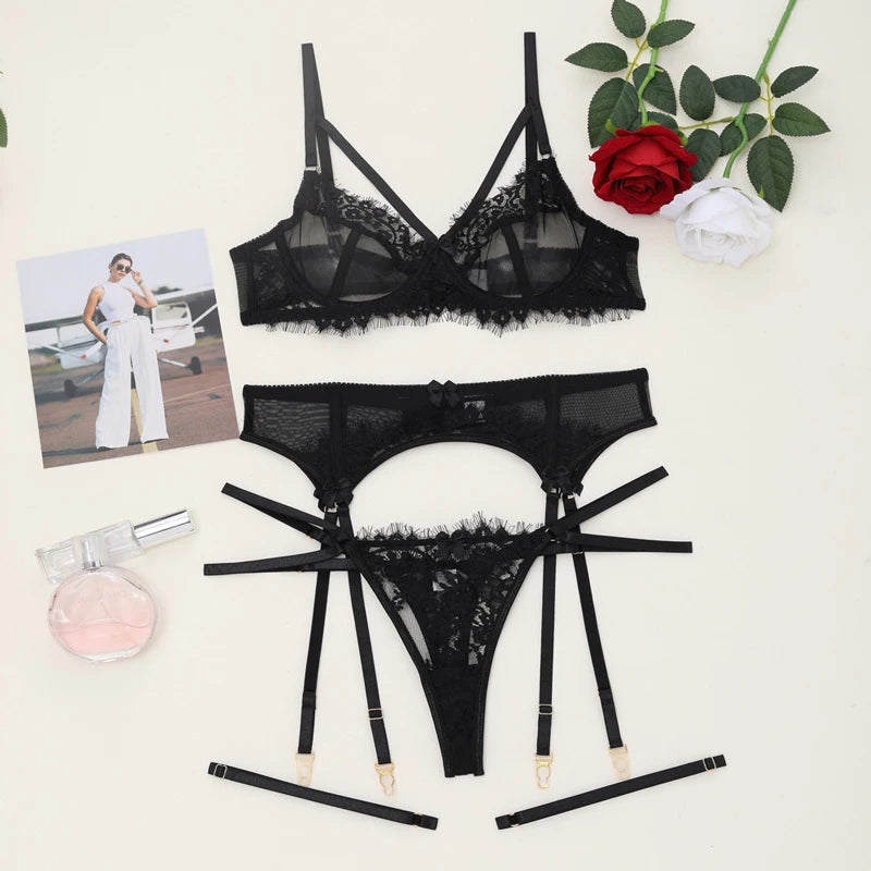 Transparent Lace Bra & Thong with Garter Belt
