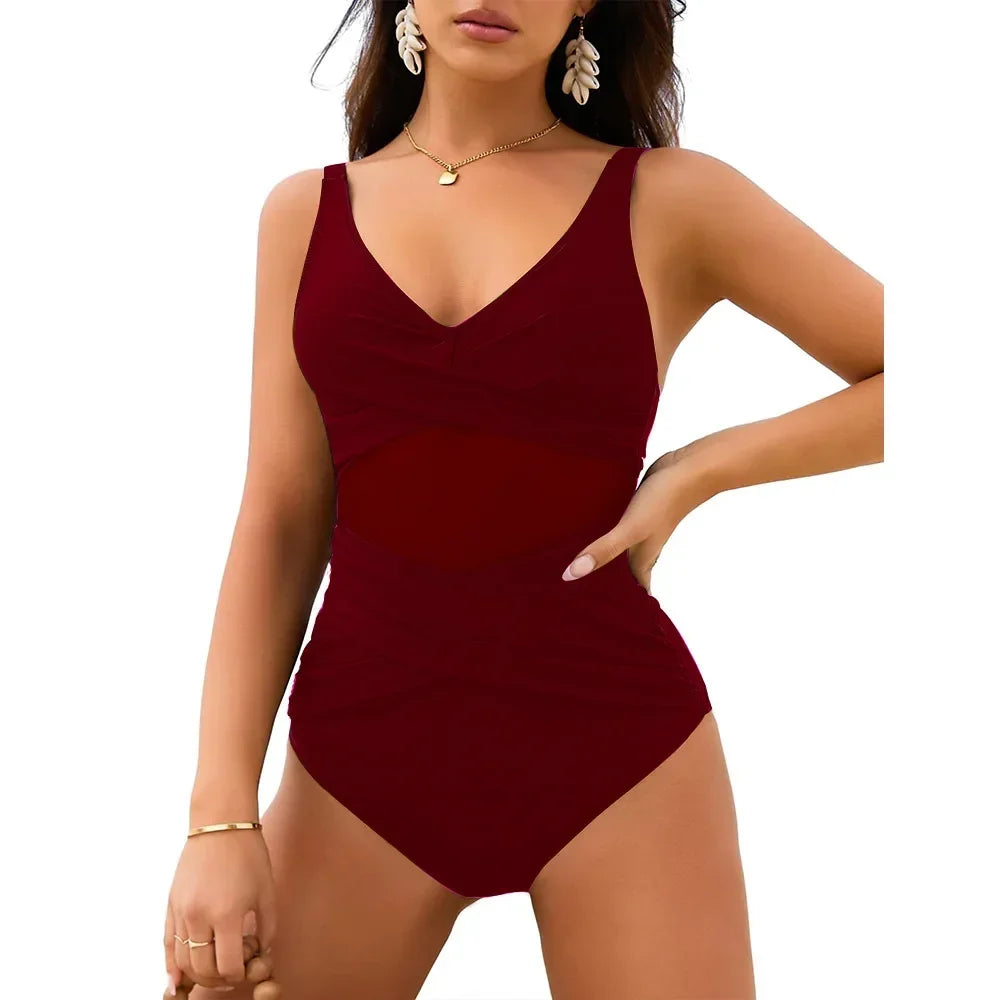 Women’s Rose Ruched Push-Up Tummy Control One-Piece Swimsuit