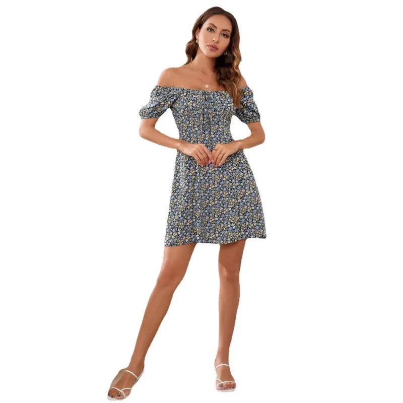 Spring Summer New Square Collar Floral Ruffles Mini Dress Women Casual Short skirt Drawstring Lace up Print A Line Dress