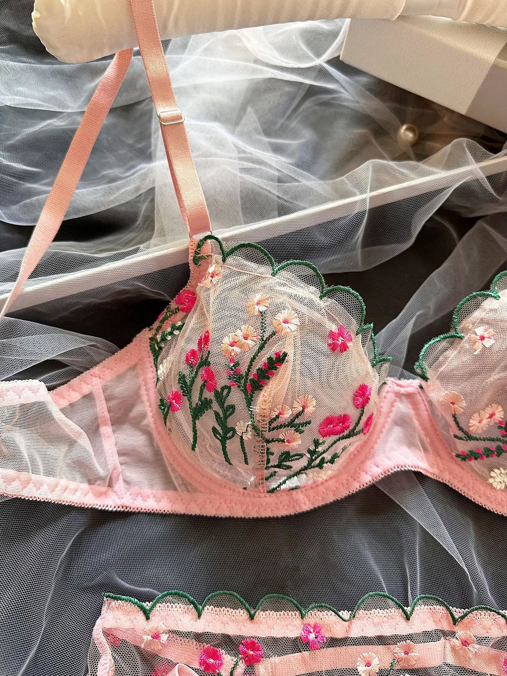 Dot Mesh Cut-Out Underwire Bra & Thong Set