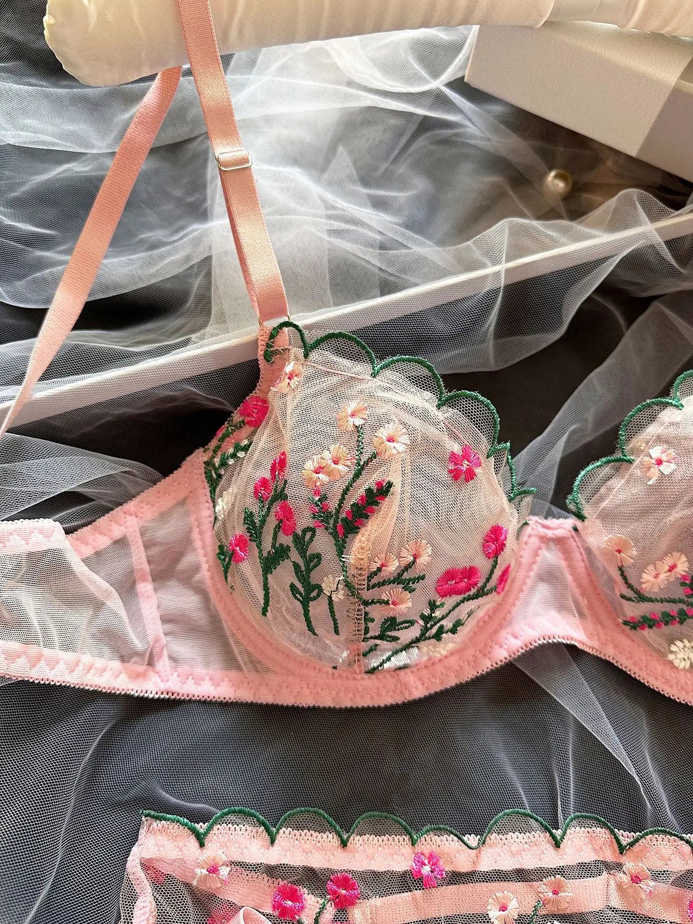 Dot Mesh Cut-Out Underwire Bra & Thong Set