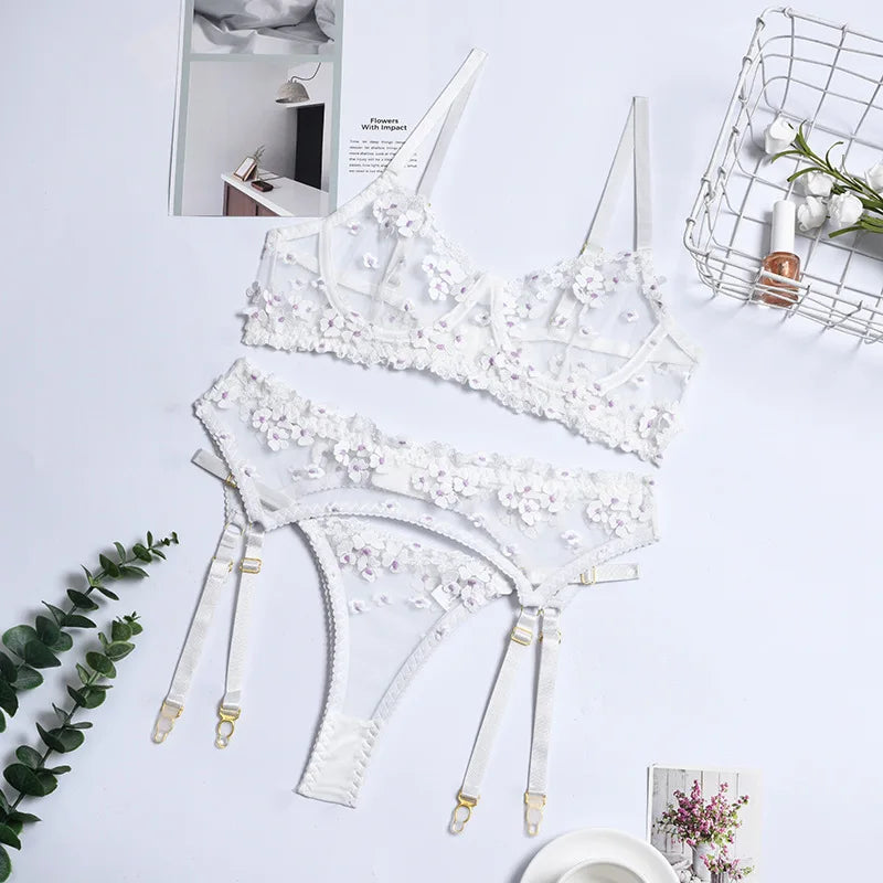 Floral Lace Transparent Bra & Thong Lingerie Set (3pcs)