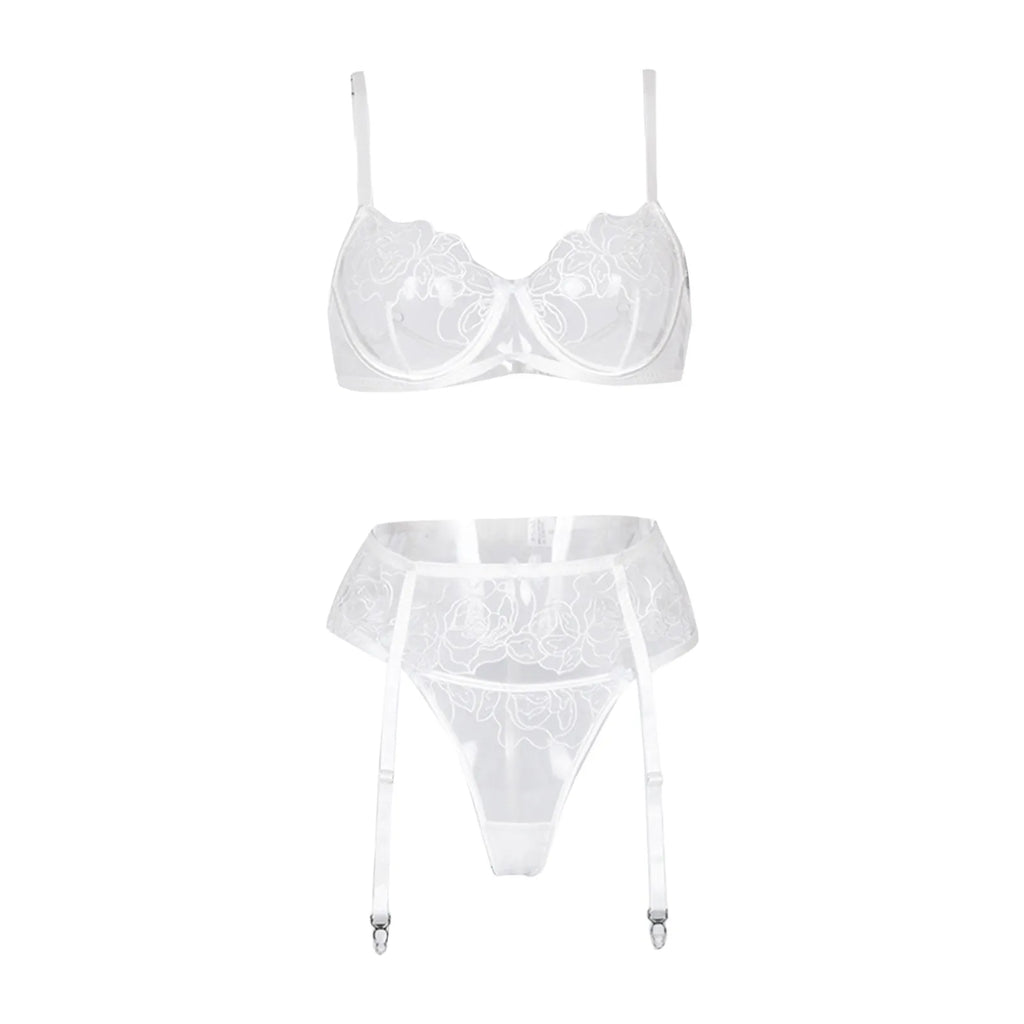 White Rose Embroidery Push Up Bra & Thong Set