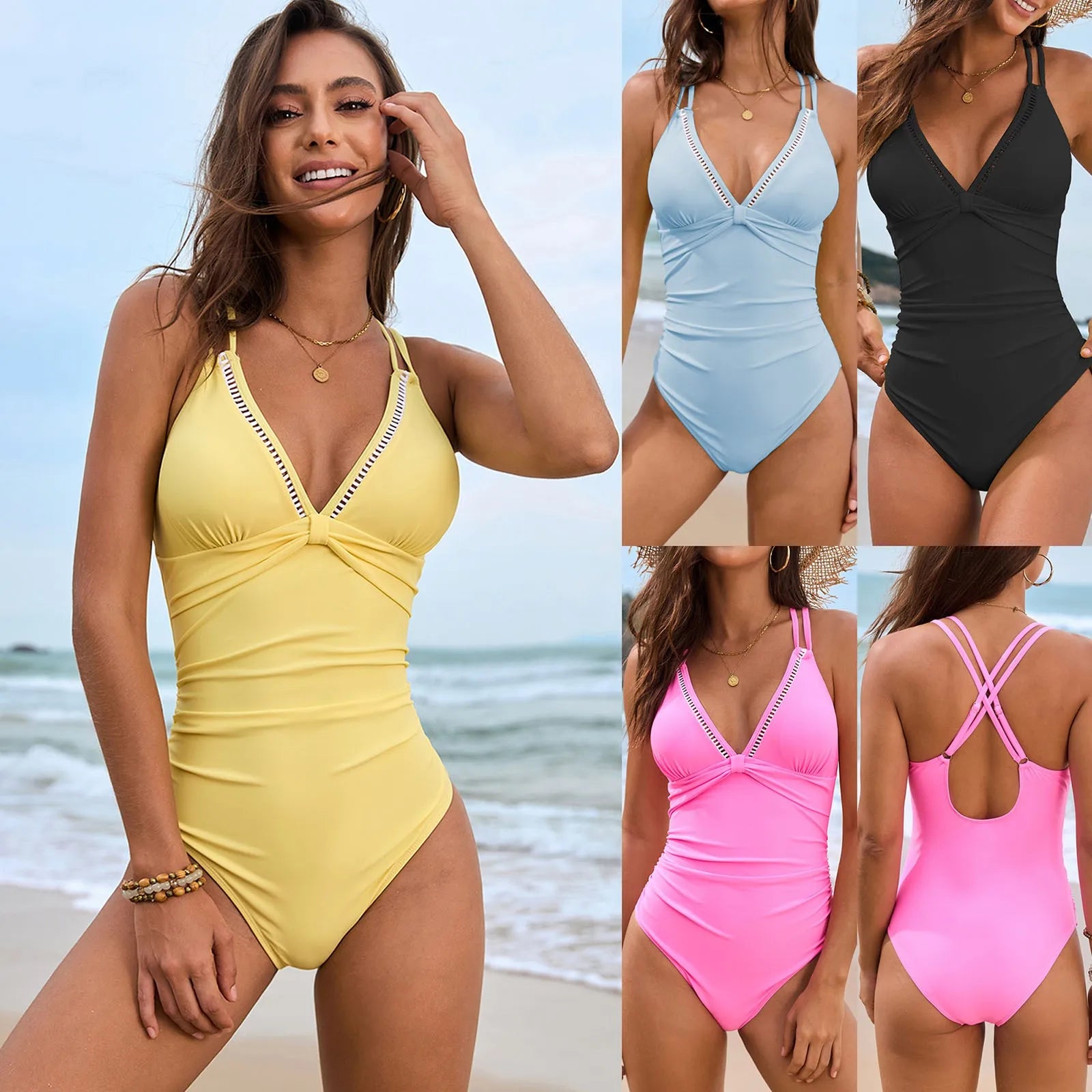 Women’s Deep V Neck Ruched One-Piece Swimsuit
