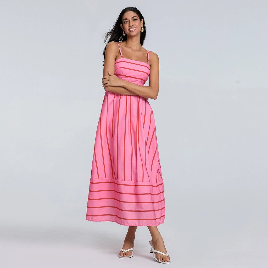 Women Summer Sexy Striped Print Sleeveless Backless Maxi Dress Spaghetti Strap Boho Flowy Female Fashion Club Party Vestidos