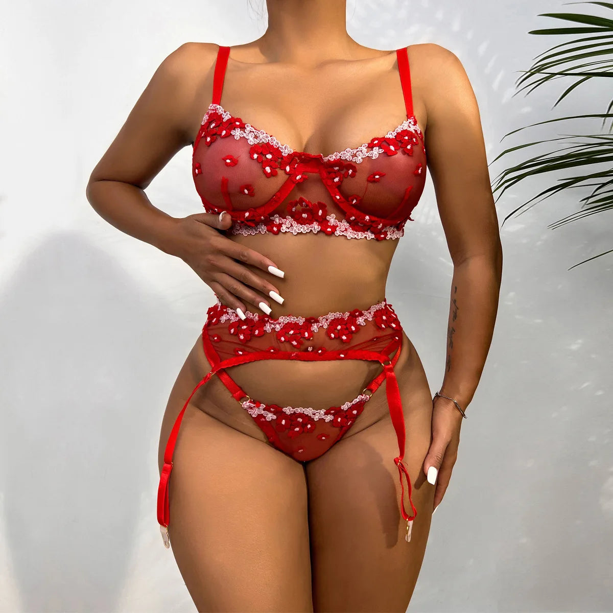 Floral Lace Transparent Bra & Thong Lingerie Set (3pcs)
