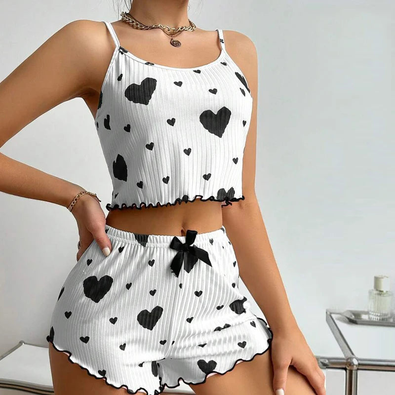 Heart Print Satin Pajama Set – Soft, Sexy Sleepwear for Women