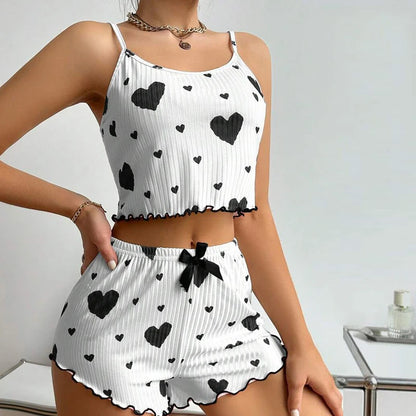 Heart Print Satin Pajama Set – Soft, Sexy Sleepwear for Women