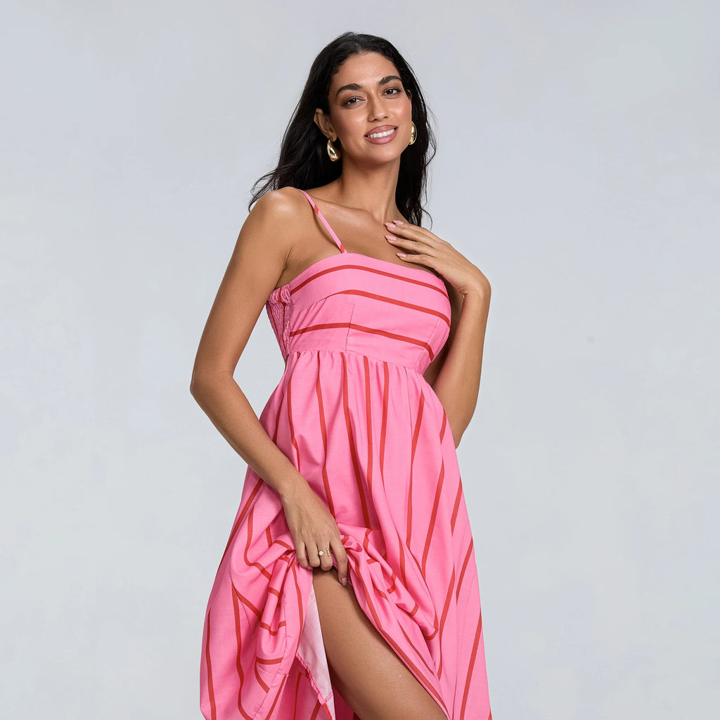 Women Summer Sexy Striped Print Sleeveless Backless Maxi Dress Spaghetti Strap Boho Flowy Female Fashion Club Party Vestidos