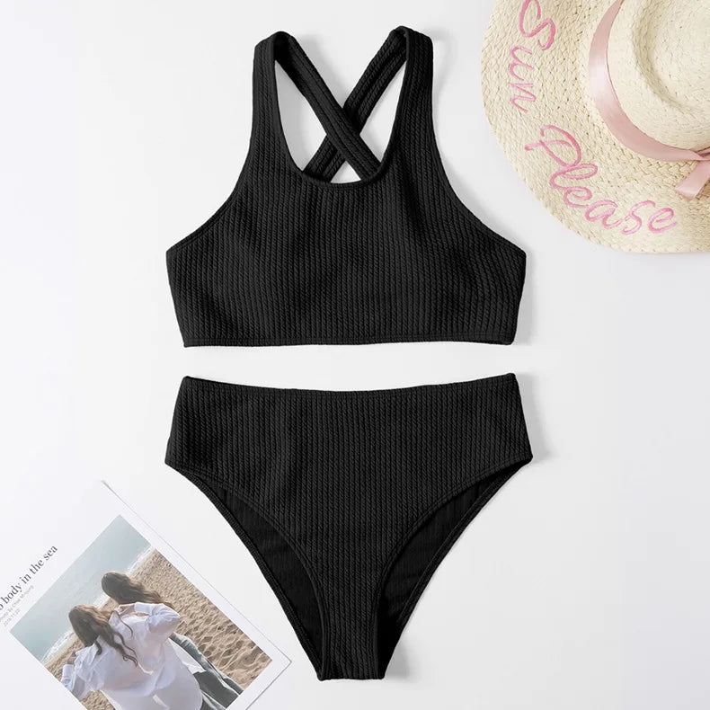 Sexy Bikini High Waist Women Swimsuit 2024 New Solid Ribbed Swimwear Push Up Bikinis Set Summer Beachwear Bathing Suit Female