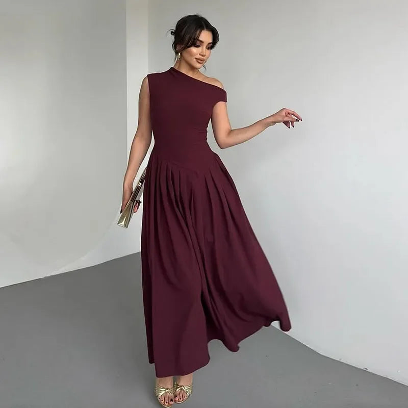 Women Elegant Wine Red Irregular Neck Slim Dress Fashion Sleeveless High Waist Pleated Hem Dresses  Chic Lady Party Robes