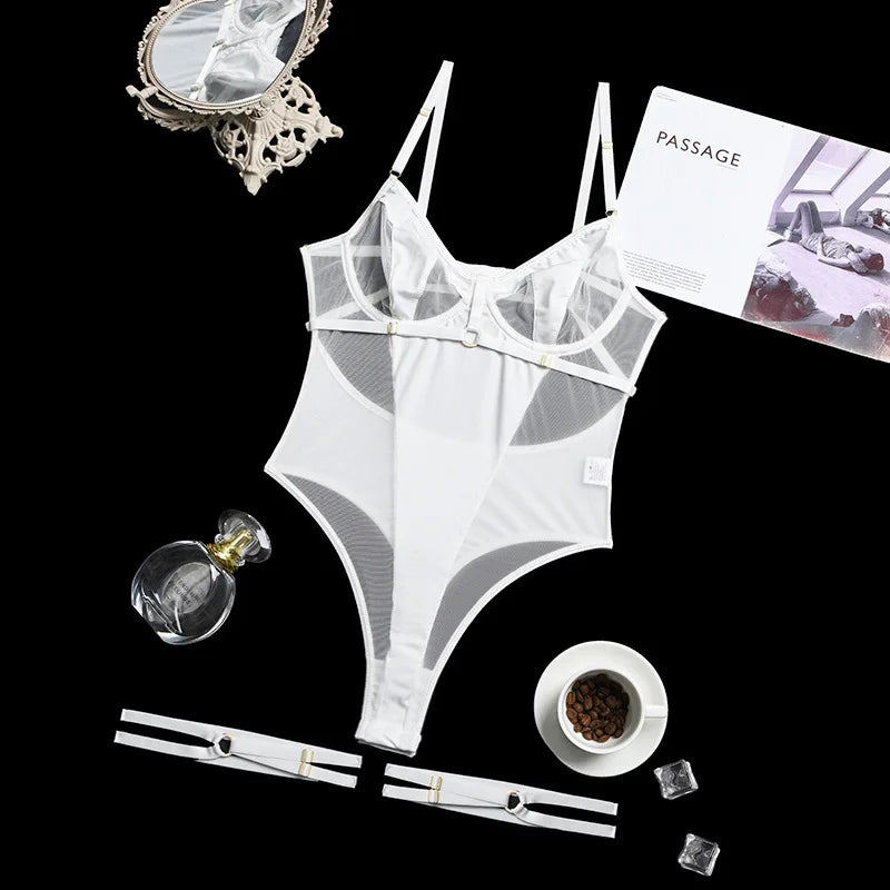 Backless Mesh Patchwork Bodysuit (Crotchless)