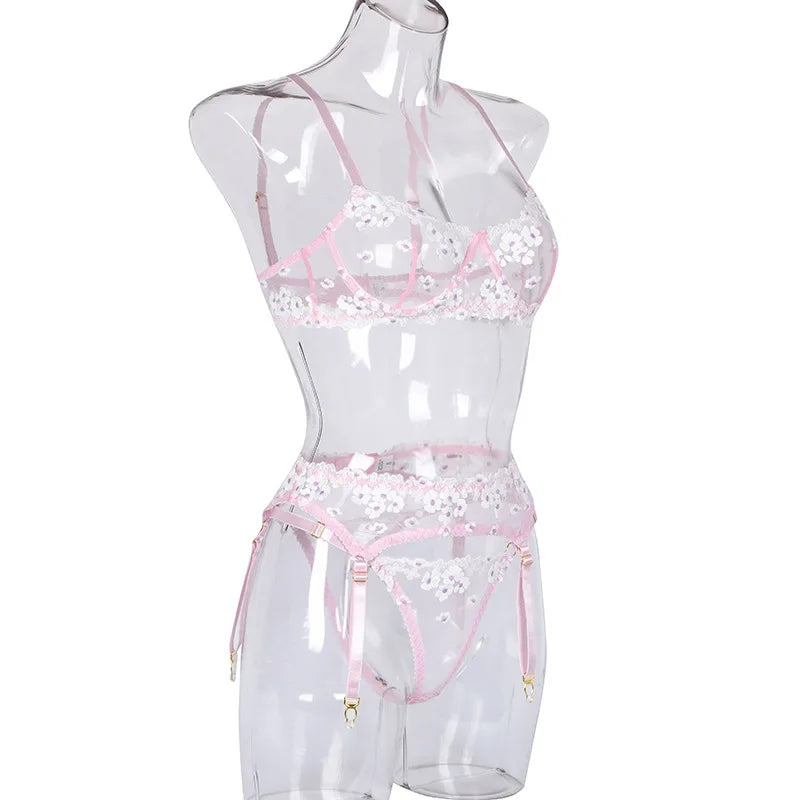 Floral Lace Transparent Bra & Thong Lingerie Set (3pcs)