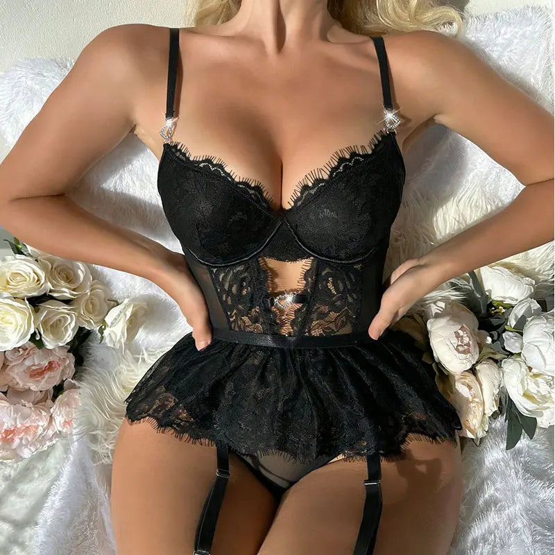 Hollow Lace Crotchless Bodysuit – Sexy Deep V Teddy