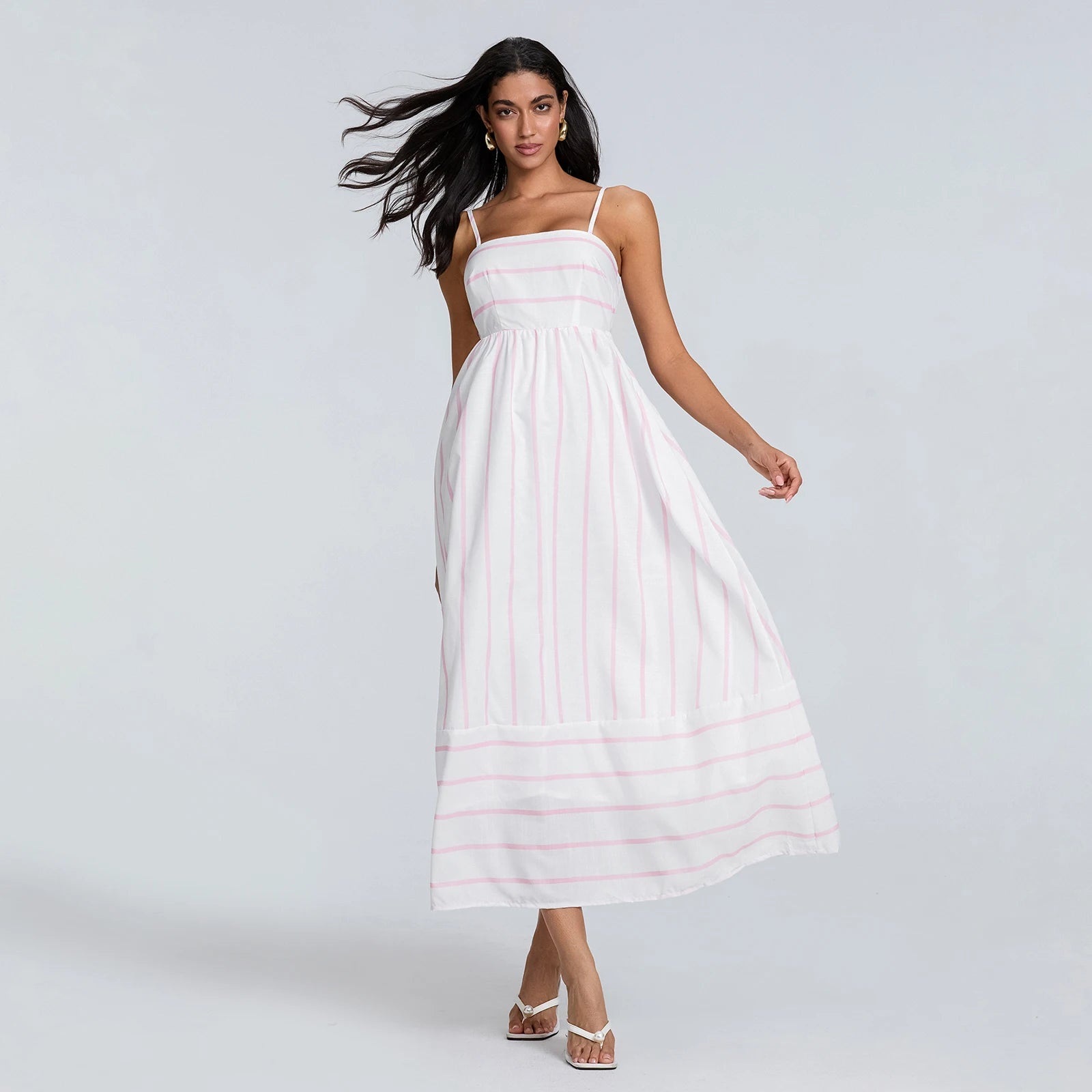 Women Summer Sexy Striped Print Sleeveless Backless Maxi Dress Spaghetti Strap Boho Flowy Female Fashion Club Party Vestidos