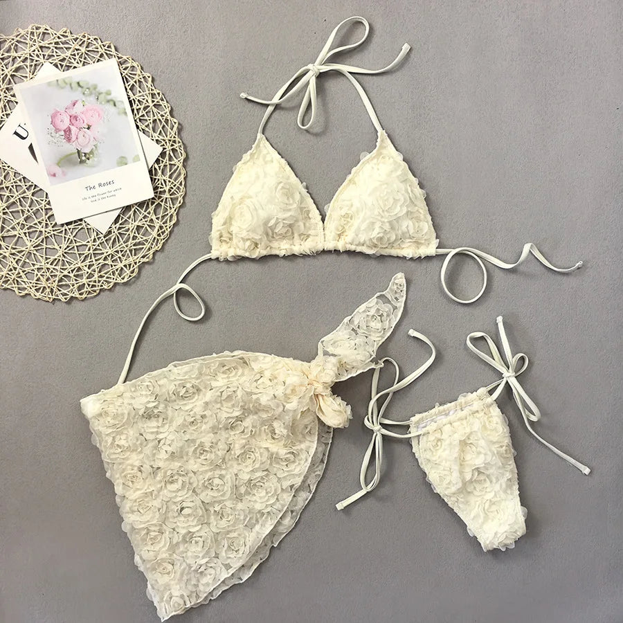 Women's Sexy 3 Piece Bikini Set 3D Flower Beach Skirt Swimsuit Pure Pink Triangle Halter Backless Thong Swimwear 2025 Summer New