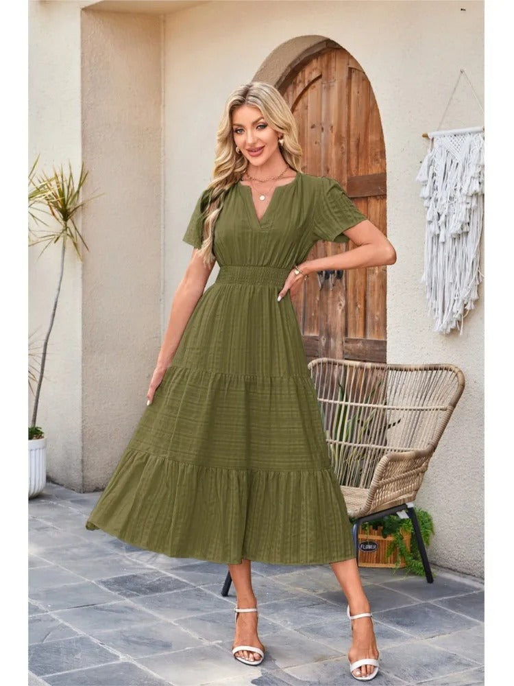 Celebration Party Outfit Elegant V-neck Maxi Dress with Smocked Waist Tiered Flowy Design for Women Summer Pleated Long Dress