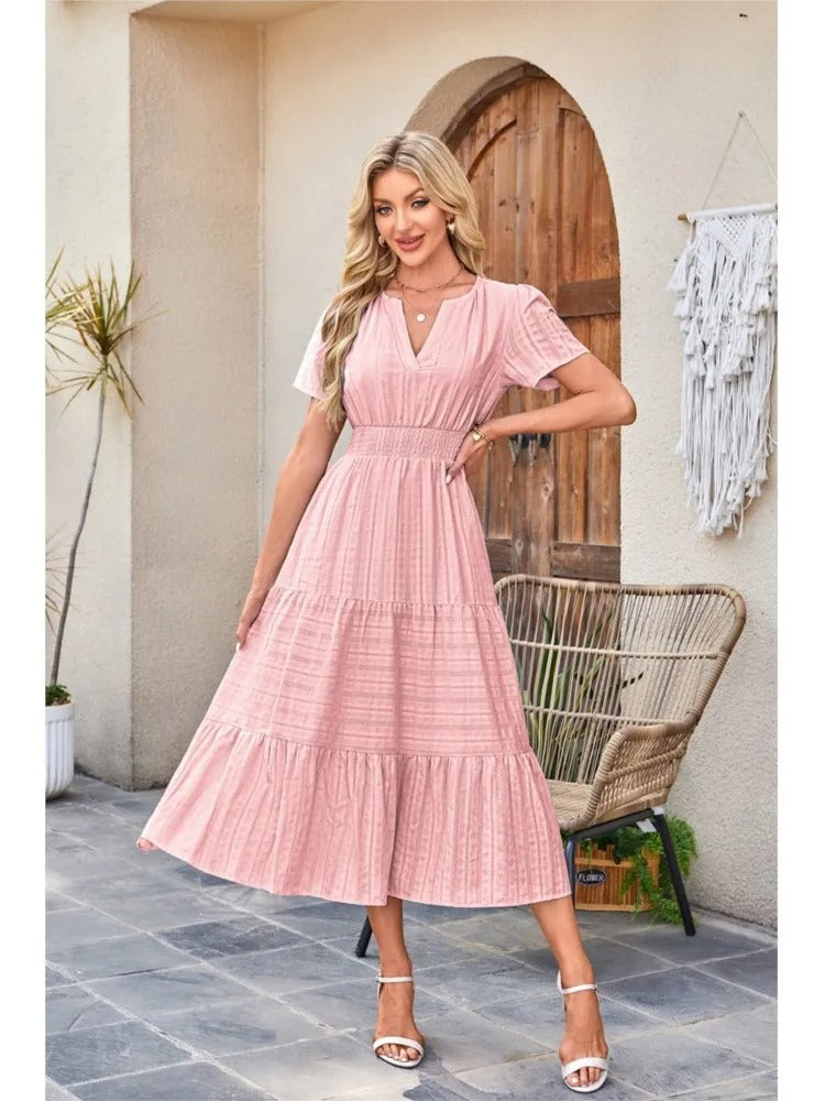 Celebration Party Outfit Elegant V-neck Maxi Dress with Smocked Waist Tiered Flowy Design for Women Summer Pleated Long Dress