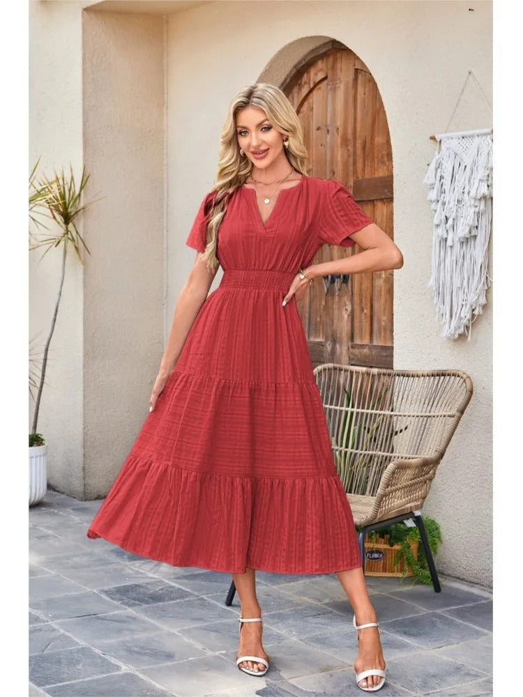 Celebration Party Outfit Elegant V-neck Maxi Dress with Smocked Waist Tiered Flowy Design for Women Summer Pleated Long Dress