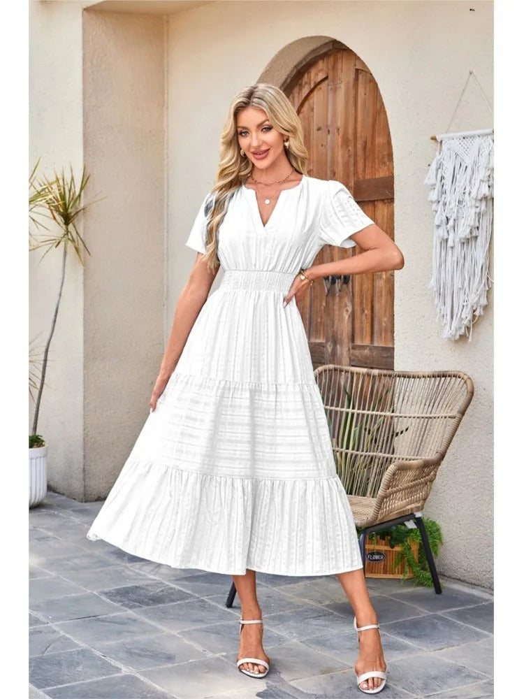 Celebration Party Outfit Elegant V-neck Maxi Dress with Smocked Waist Tiered Flowy Design for Women Summer Pleated Long Dress
