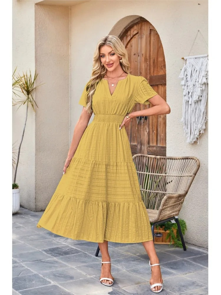 Celebration Party Outfit Elegant V-neck Maxi Dress with Smocked Waist Tiered Flowy Design for Women Summer Pleated Long Dress