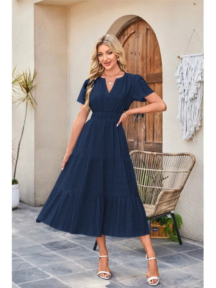 Celebration Party Outfit Elegant V-neck Maxi Dress with Smocked Waist Tiered Flowy Design for Women Summer Pleated Long Dress