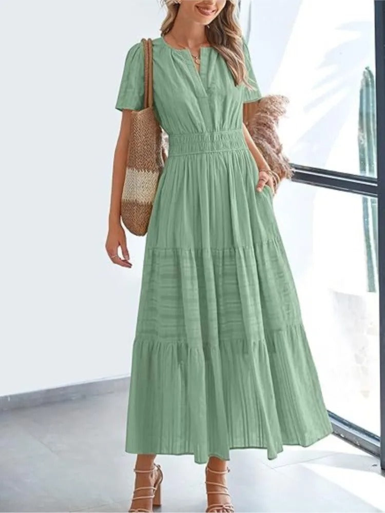 Celebration Party Outfit Elegant V-neck Maxi Dress with Smocked Waist Tiered Flowy Design for Women Summer Pleated Long Dress