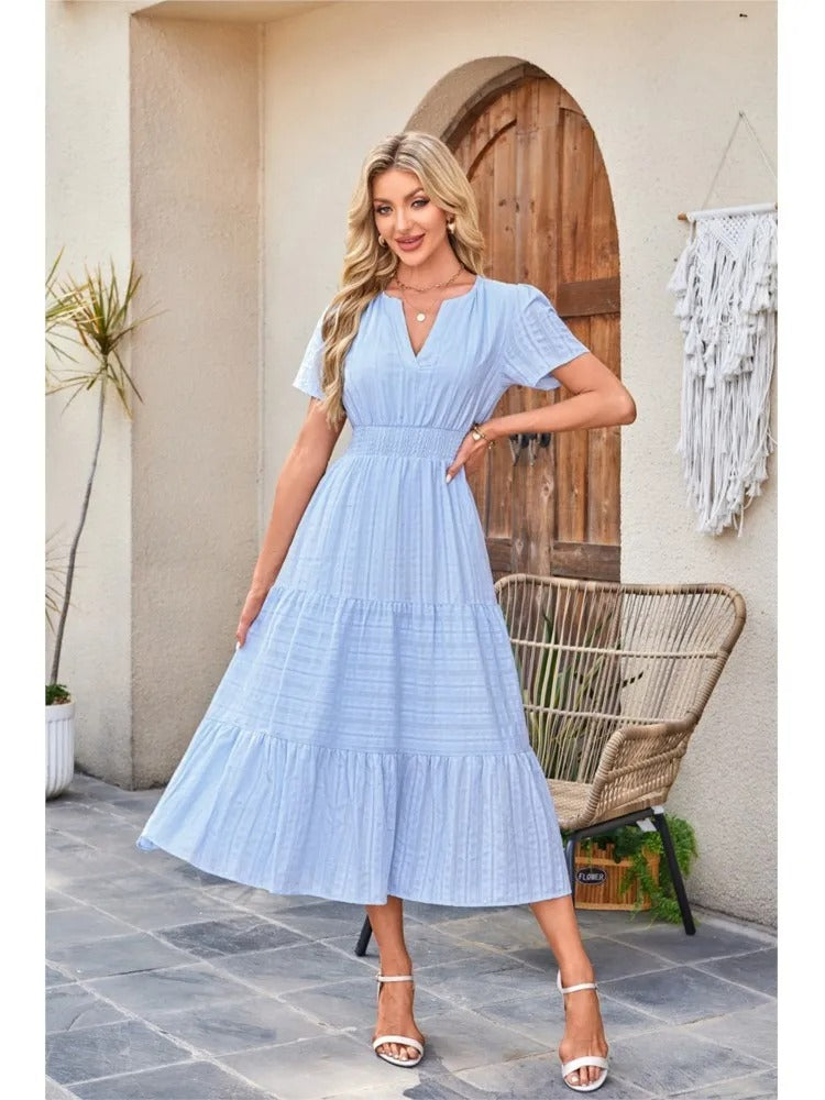 Celebration Party Outfit Elegant V-neck Maxi Dress with Smocked Waist Tiered Flowy Design for Women Summer Pleated Long Dress