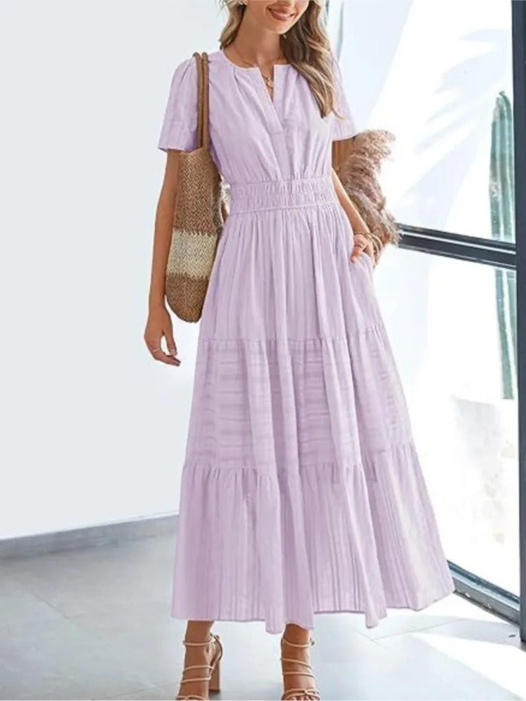Celebration Party Outfit Elegant V-neck Maxi Dress with Smocked Waist Tiered Flowy Design for Women Summer Pleated Long Dress
