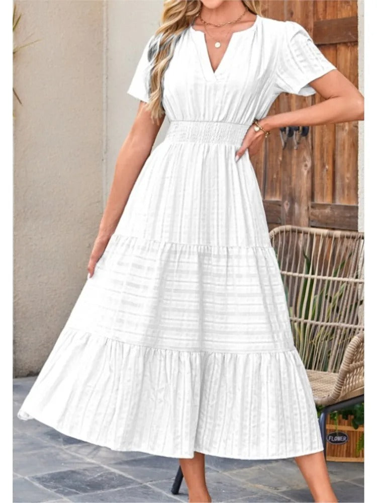 Celebration Party Outfit Elegant V-neck Maxi Dress with Smocked Waist Tiered Flowy Design for Women Summer Pleated Long Dress