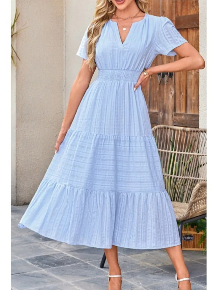 Celebration Party Outfit Elegant V-neck Maxi Dress with Smocked Waist Tiered Flowy Design for Women Summer Pleated Long Dress