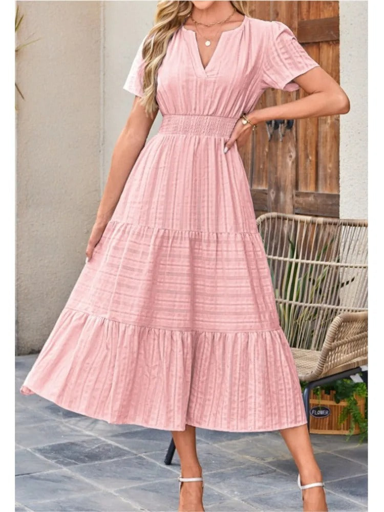 Celebration Party Outfit Elegant V-neck Maxi Dress with Smocked Waist Tiered Flowy Design for Women Summer Pleated Long Dress